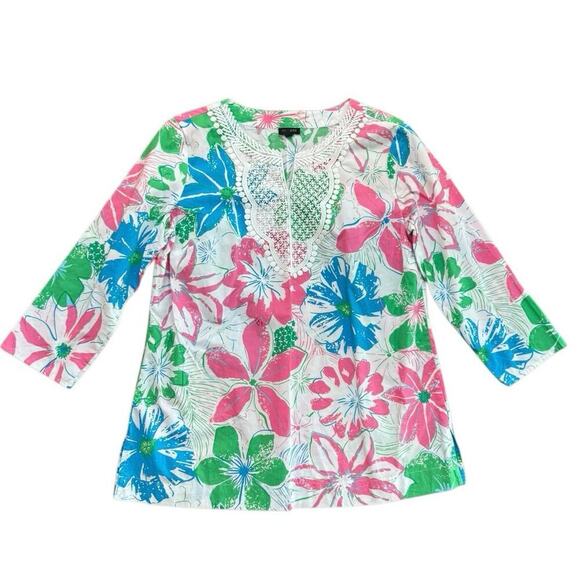 Talbots Women's Pink Anguilla Floral Print Lace Bib Tunic Top Size Medium - Picture 3 of 7